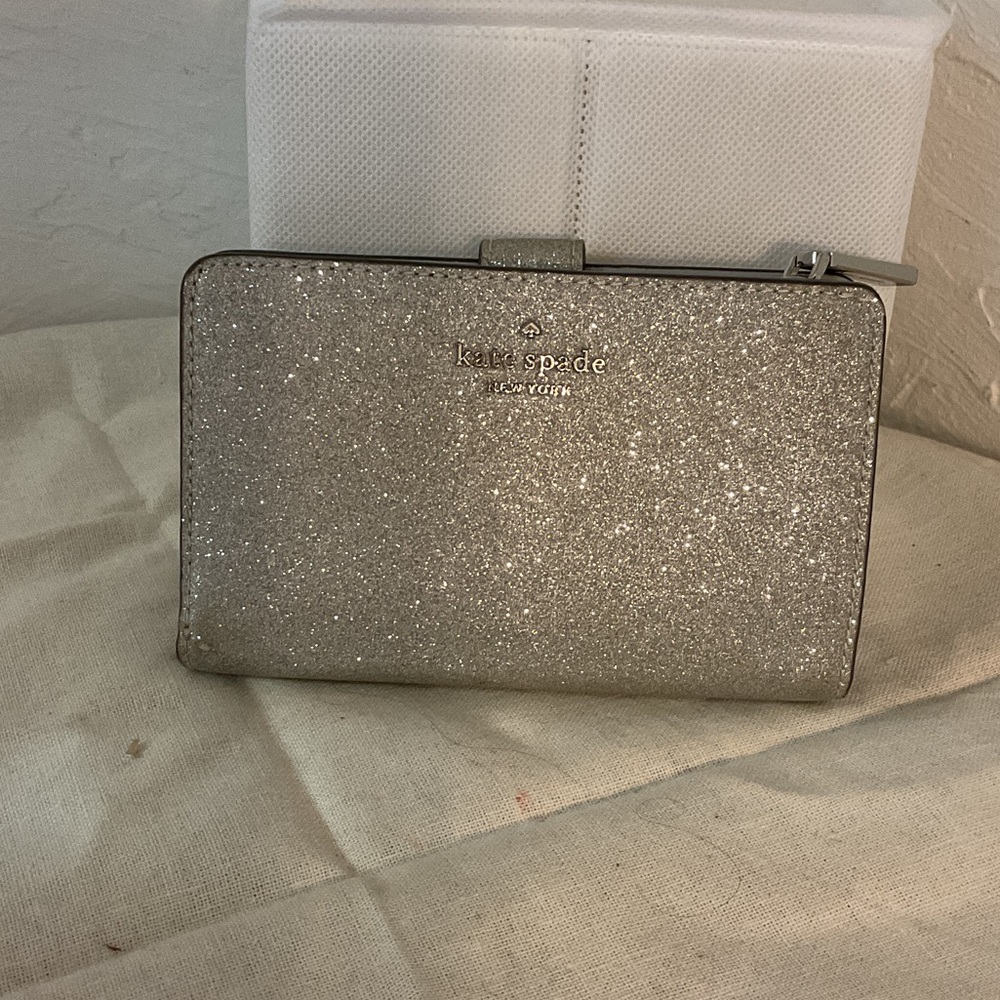 Kate Spade Glimmer Glitter Bifold Wallet, Silver, 5.5”x3.5”x1” - Picture 1 of 12
